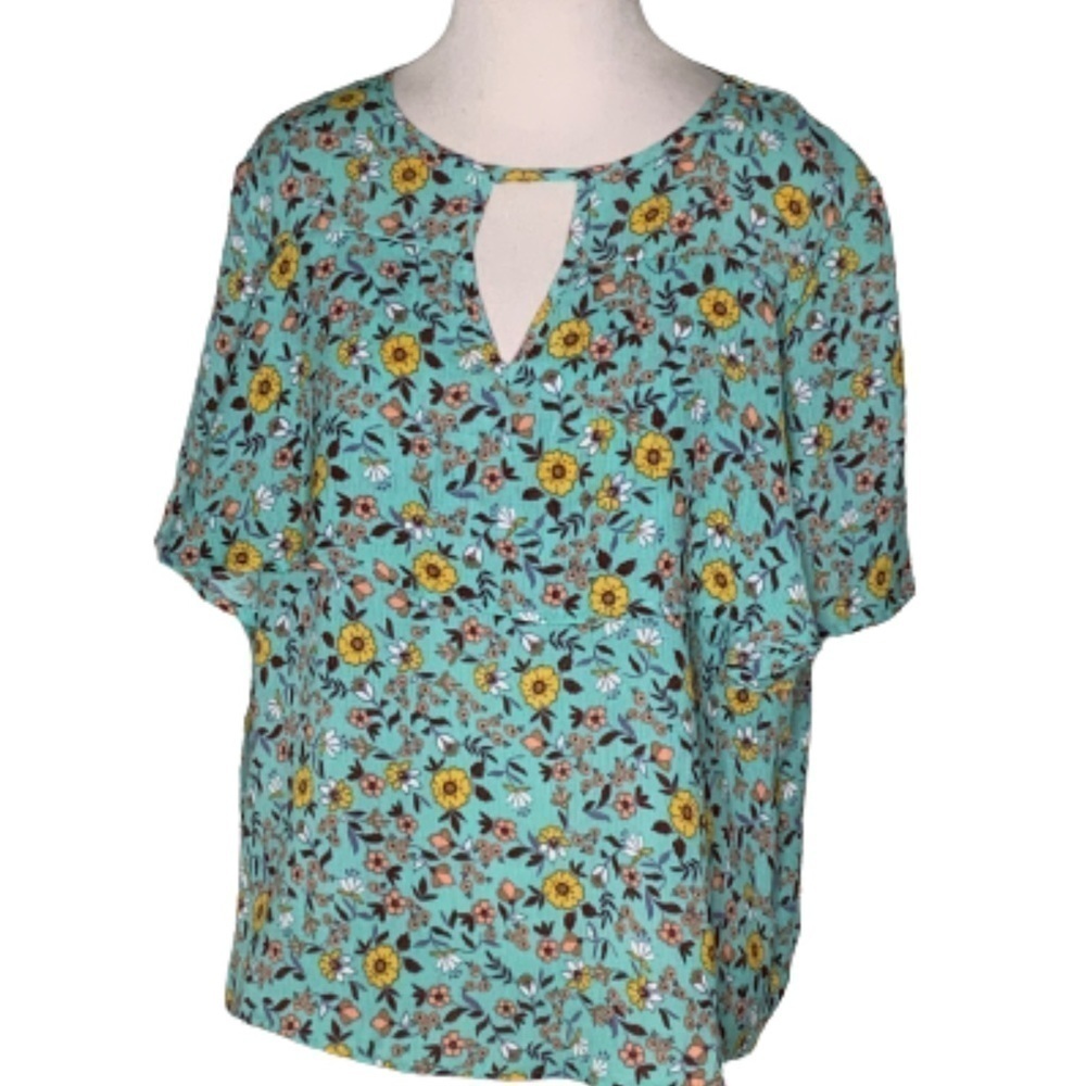Wishful Park Turquoise & Yellow Flowers Boho Short Sleeves Flowy Top S